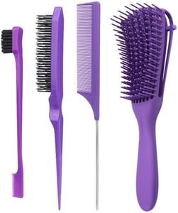 Hair Brush with Hair Styling Comb Set, Detangling Hair Brushes for Women Men Kids Curly Hair, Hair Brush Set with Detangler Brush Teasing Hair Brush Rat Tail Comb Edge Brush (Purple)