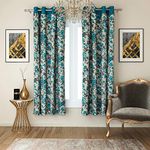 Swayam Turquoise Colour Floral Lining Printed Eyelet Curtain Pack of 2 for Window