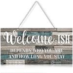 Funny Welcome Sign Front Door Sign Welcome-ish Hanging Sign 12 x 6 Inch, Rustic Welcome Wall Decor Farmhouse Door Decor for Home Porch Decor Entryway (White Words with Light Blue and Grey Base)