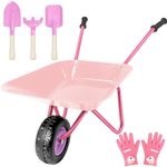 Wheelbarrow Set Children, Childrens Metal Wheelbarrow Kids Gardening Set with Shovel, Rake, for Outdoor, Educational, Farm, Gardening Toy, Play, Game(Pink）.