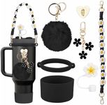 Rhewatin Accessories for Stanley Cup 40oz, Charms Accessories for Stanley Tumbler, Including 1pc Tumbler Strap, 1pc Silicone Cup Boot, 1pc Silicone Straw Cover, 2pcs Charms, Black