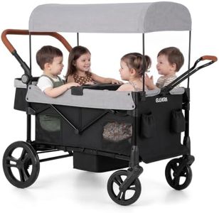 ELEMARA 4 Seater Wagon Stroller for Kids, Foldable Collapsible Wagon with Canopy & Mosquito Net, 200 Lbs Capacity Push Pull Wagon, All Terrain Camping Stroller for 4 Kids with Storage Basket &Tray