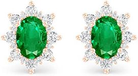 INSPEREZA NEW YORK Oval Emerald and Round Diamond Halo Stud Earrings in 10 Carat Gold (7X5 MM Emerald)