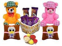 Saugat Traders Rakhi with Chocolates Gift Pack for Kids with - Set of 2 Cap Teddy, 2 Kid Rakhi, Roli Chawal Chopra & 4 Chocolates with Basket