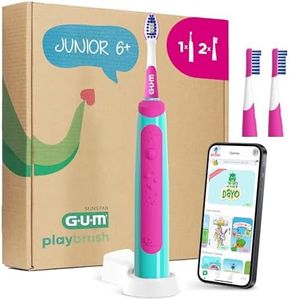 GUM Playbrush JUNIOR 6+ elektrische Zahnbürste | Interaktive Spiel-App | 2 Putzmodi | Extra weiche Borsten | 8 Wochen Akku | Timer | 1x Schallzahnbürste, wiederaufladbar | 2 extra Bürstenköpfe | Pink