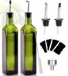 Glass Olive Oil Dispenser, Green Oil and Vinegar Cruet Bottle 17 oz/500 ml, Square Tall Glass Oil Container with 2 Stainless Steel Pourers, 4 Labels,1 Brush and 1 Funnel Oil Bottles for Kitchen(2PCS)