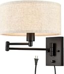 SAMTEEN Black Plug in Swing Arm Wall Sconce Drum Shade Wall Lamp Modern Sconce with Fabric Shade Wall Mount Lamp for Bedroom Living Room