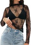 MEROKEETY 2024 Womens Mesh Sheer Long Sleeve Layering Top Sexy Y2k Mock Neck Floral Lace See Through Shirt Blouses Black X-Small