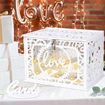 OurWarm Large Rustic Wedding Card Box with Slot and LED Lights, White PVC Envelop Gift Card Box with Clear Windows, Money Box Holder with Sign for Wedding Reception Anniversary Birthday Parties