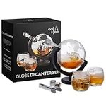 Oak & Steel - Whiskey Decanter Etched World Globe Design, 1500ml with 2 Glasses, 4 Whiskey Stones, Ice Tongs, Glass Stopper and Funnel, Alcohol Gift Set for Birthday, Wedding, Anniversary, Party