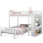KOMFOTT Bunk Bed Twin Over Twin, Convertible Wooden Loft Bed Frame with 3-Tier Bookcase, Solid Wood Bed Frame with Ladder & Safety Guardrails, No Box Spring Needed, Can be Separated into 2 Beds