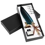 BELLE VOUS 8 Piece Calligraphy Blue Feather Pen Set with Holder, Ink Bottle and Nibs - Ink Dip Quill Feather Writing Pen with Black Ink, 5 Assorted Nibs & Holder - Ideal for Beginners and Adults