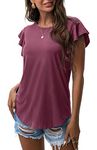 PrinStory Summer Womens Top Casual Short Sleeve T-Shirt Round Neck Ruffle Sleeve Blouse CA Purple Red Large