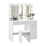 CLIPOP White Large Dressing Table with LED Light Mirror and Stool, Vanity Makeup Table w/ 4 Drawers 1 Closed Storage, Bedroom Makeup Desk Dresser for Girls Women