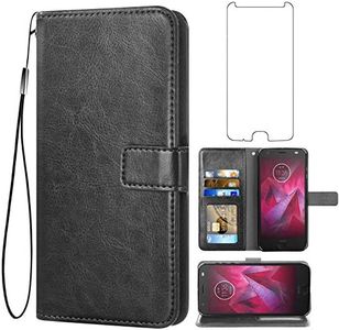 Asuwish Compatible with Moto Z2 Play Wallet Case Tempered Glass Screen Protector and Leather Flip Cover Card Holder Stand Phone Cases for Motorola MotoZ2Play Droid MotoZ2 2Play Z 2 2Z Z2play Black