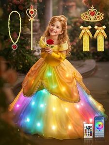 Princess Dress for Girls, RGB LED Light Up Syncs Music App Control Dress Up Clothes for Gilrs, Halloween Costume with Accessories Toddler Princess Dress for Birthday Party, Christmas, 3-9 Years Old