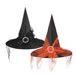 Qchomee 2Pcs Witch Hat Adult Women Halloween Costume Wizard Cap with Veils Decoration Girls Party Masquerade for Decor Carnival Daily Cosplay Accessory, Black+orange