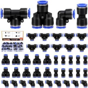 Tanstic 40Pcs 1/4 Inch OD Push to Connect Fittings Pneumatic Fittings Kit, Plastic Air Line Pneumatic Fittings Kit, 10 Splitters+10 Elbows+10 Tee+10 Straight