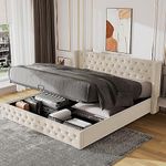 Upholstered Bed with Hydraulic Lever, Lift Up Bed Ottoman Bed, Double Bed Frame, Functional Storage Bed, without mattress (Beige -150 x 200)