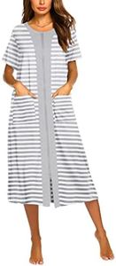 Ekouaer Zipper Front Robes Short Sleeve & Half Sleeve Housecoat Long Housedress Loose Bathrobes with Pockets, A-White, Large