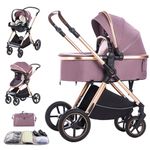 Shineey 3 in 1 Baby Stroller with Height Adjustable Handle,3 in 1 Prams Travel System, Lightweight Foldable Pushchair, Prams with Aluminum Frame for Portable Baby Carriage (D2 Purple, H2-D)