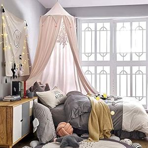 Princess Canopy for Girls Bed with Tassels Hideaway Tent for Kids Rooms or Cribs Nursery for Decoration, Playing,Reading,Sleep as Hanging House Castle (Beige Pink)