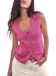 Womens Sweater Vest Summer Ribbed Tank Tops Sleeveless Button Down Shirts Scoop Neck Top for Women, Hot Pink, Large