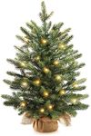 Mini Christmas Trees 24" with 25 LED Lights, 2 ft Decorated Burlap Artificial Tabletop Christmas Trees Home Party Decoration for Kitchen Dining Room Window