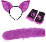 Cat Wolf Fox Tail Faux Fur Ear Headband and Paw Gloves Set for Adult Children Halloween Christmas Fancy Party Costume Gifts Animal Cosplay Accessories (Purple-Red)