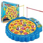 Haktoys Fishing Game Toy Set with Single-Layer Rotating Board | Now with Music On/Off Switch! | Includes 21 Fish and 4 Fishing Poles | Safe and Durable Gift for Toddlers and Kids