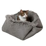 Furhaven Large Cat Bed Self-Warming Long Faux Fur & Suede Convertible Cuddler, Washable - Gray, Large