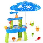 HYES Water Table for Toddlers with Umbrella, 3-Tier Rain Showers Splash Pond Water Table, Summer Toy for Outdoor Beach Backyard, Activity Sensory Playset for Girls Boys Toddlers 3-5, Blue
