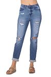 Judy Blue Women's High Waist Cuffed Destroyed Boyfriend Jeans, Blue, 7