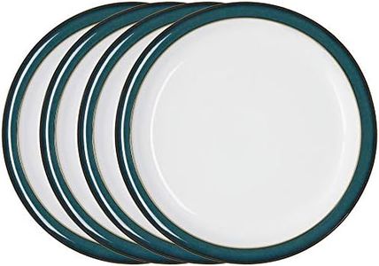 Denby - Greenwich Dinner Plates Set of 4 - Dishwasher Microwave Safe Crockery 26.5cm - Glazed Green, White Ceramic Stoneware Tableware - Chip & Crack Resistant