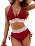 Blooming Jelly Women High Waisted Bikini Sets Tummy Control Swimsuits Color Block Two Piece Drawstring Bathing Suit, Wine Red, S