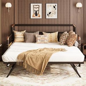 GarveeHome Daybed with Trundle,Twin Daybed with Pop Up Trundle Set,Metal Twin Bed Frame with Steel Slat Support,Sofa BedFrame for Kids/Teens/Adults,Easy Assembly,Brown