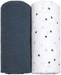 lulumoon Muslin Swaddle Blanket Baby Receiving Blankets Neutral, 2 Pack, Dark Blue