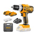 INGCO 20V Cordless Impact Drill, 23+1+1,55Nm,2-Speed Gear, 1900Rpm, With 2Pcs Battery And Fast Charger, 50Pcs Accessories, Yellow