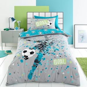 Bedding Bedlam - Blue Aqua Football Duvet Cover - Single Size (200 x 140cm) - Reversible (2 Designs) - Football Football Themed Duvet Cover - Football Bedroom Accessories - Soccer