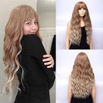 netgo Women Golden Brown Ombre Blonde Wigs with Bangs Natural Wave Long Curly Heat Resistant synthetic Wig 30"
