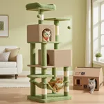 Feandrea Cat Tree, 59.5-Inch Tall Cat Tower, Plush Multi-Level Condo with 5 Scratching Posts, 2 Perches, 2 Caves, Hammock, 2 Pompoms, Grass Green and Camel Brown UPCT192C03