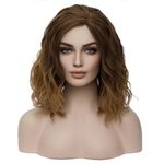 BERON 14" Women Girls Short Curly Bob Wavy Wig Body Wave Daily Hair Party Wigs (Dark Brown to Light Brown)