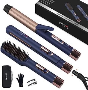 PARWIN PRO BEAUTY 3 in 1 Styling Set, 25mm Hair Straightener, 32mm Hair Curler, Hair Straightener Brush, Detachable Power Cord, LED Temp Control, Rapid-Heat up, for Gift ＆ Travel, Prussian Blue