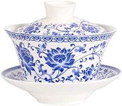 Liang baobao Traditional Gaiwan Tea Set with Lid and Saucer Blue Lotus Design Tea Cup Flower Porcelain Teacups 10oz