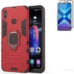 for Huawei Honor 8X Case,Hybrid Heavy Duty Shockproof Armor Dual Layer Protection Defender Back Case Cover for Huawei Honor 8X Tempered Glass Screen Protector (Red)