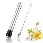 Stainless Steel Cocktail Muddler and Mixing Spoon, Professional Home Bar Muddler Set for Break Ice, Creating Mojitos, Margaritas, Mint, Lemon and Fruit Based Drinks, for Birthday, Party,Housewarming