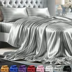 DECOLURE Striped Satin Sheet Queen Set 4pc - Luxurious Silk Feel Sheets Queen - All-Season Satin Silky Soft Queen Size Satin Bed Sheets w/Deep Pocket Fitted Sheet, Flat Sheet and Pillowcase (Grey)