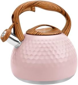 GGC Tea Kettle for Stove Top, Loud Whistling Kettle for Boiling Water Coffee or Milk, 3.1 Quart 3L Heavy Stainless Steel Pink Kettles with Wood Pattern Handle, Unique Button Control Kettle Outle