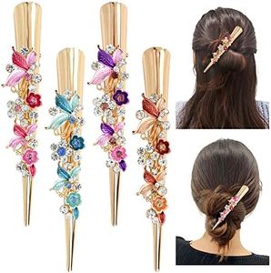 Dizila 4 Pack Large Long Metal Alligator Hair Clips with Sparkly Rhinestone Flower Butterfly Duckbill Clips Barrettes Hair Pins Accessories for Women Girls