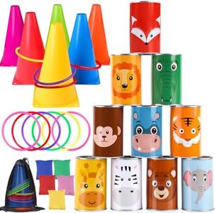 Hooqict 36PCS Carnival Games Set 4 in 1 Soft Plastic Cones Ring Toss Game Cornhole Bean Bag Toss Can Games for Kids Adults Birthday Party Indoor Outdoor